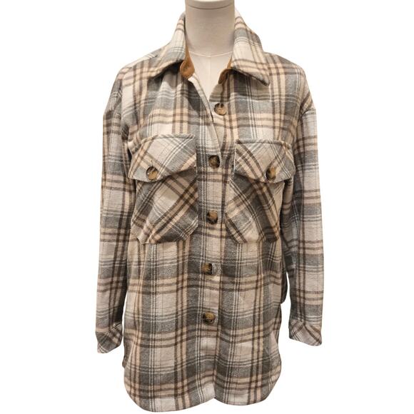 Anthropologie THML Fleece Button Down Shacket Shirt Jacket Plaid Pockets XS - Picture 1 of 9